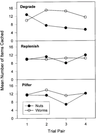 Figure 5. Number of worms and nuts cached by scrub jays over succes- succes-sive trials on which the worm caches were degraded, replenished, or pilfered