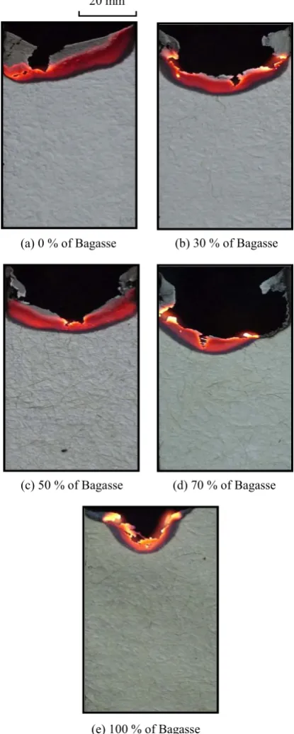Fig. 3 Flame spread for every 15s between different  bagasse compositions.  