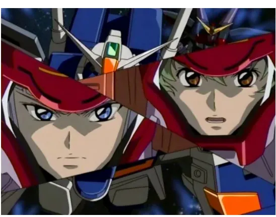 Figure 3 Screen capture,  Gundam Seed Episode Eleven  (example of split-screen technique used in battle scenes) 