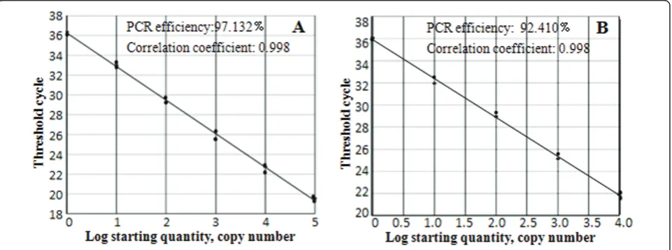 Figure 1 Standard curves of the TaqMan-qPCR. Ten serially diluted samples of genomic RNA from pigs infected with SM strain were used todevelop the standard curves for CSFV (A) and ACTB (B).