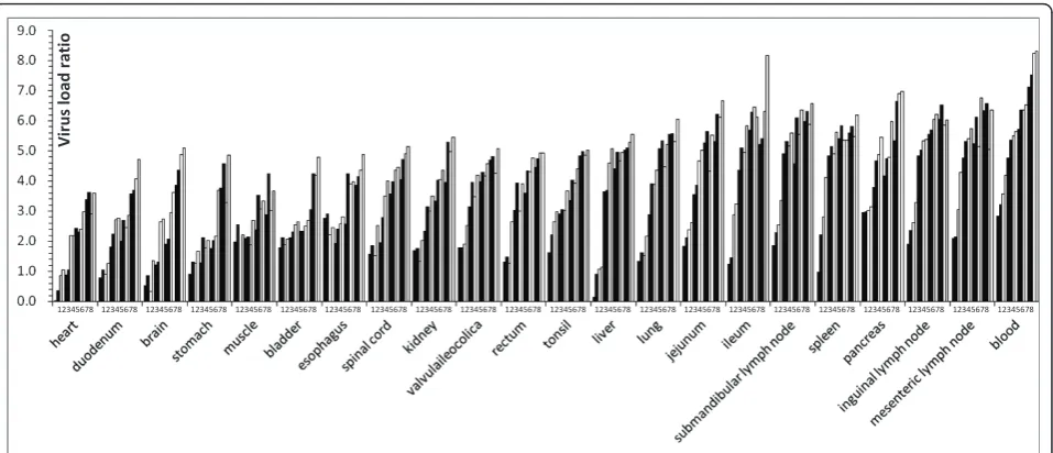 Figure 3 The tissue tropism for 16 pigs challenged with the SM strain. The histograms are arranged (from left) in the following sequence:heart, duodenum, brain, stomach, skeletal muscle, bladder, esophagus, spinal cord, kidney, valvula ileocolica, rectum, 