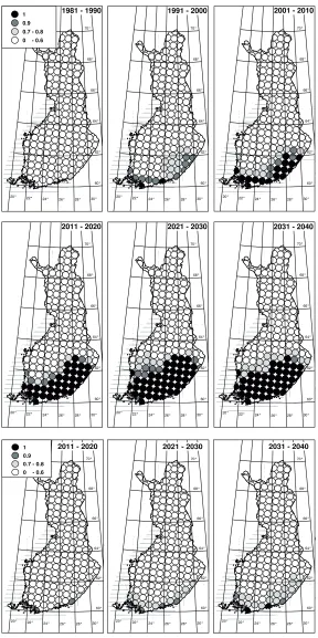 Fig. 3. Change of spatial distri-bution of frequency of success-ful fruit maturing for cv