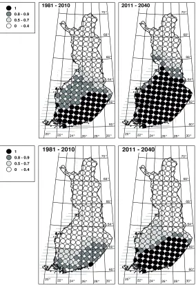 Fig. 5. Change of spatial distri-bution of frequency of reaching of vegetative maturity for cv