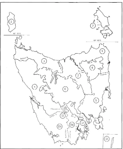 Fig 2.3. Delineation of regions used by the Tasmanian Herbarium (Orchard 1988) showing region 9 which covers the Eastern Tiers and the southern Midlands