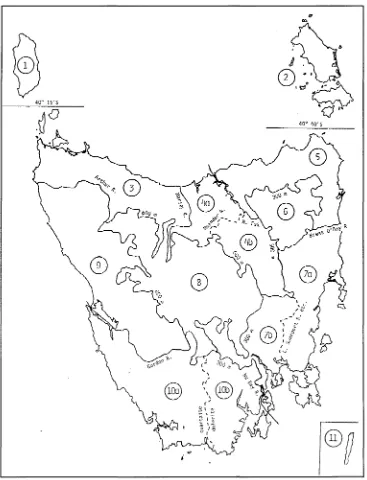 Fig 2.4. Delineation of regions as used by Forestry Tasmania and Williams (1989) showing regions 7 a and b which cover the Eastern Tiers and southern Midlands