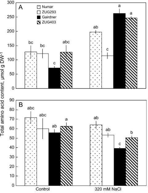 Fig. 4. Effects of 320 mM NaCl treatment on leaf (A) and root (B) totalindicate signiﬁcance atamino acid content among four barley genotypes differing in salttolerance