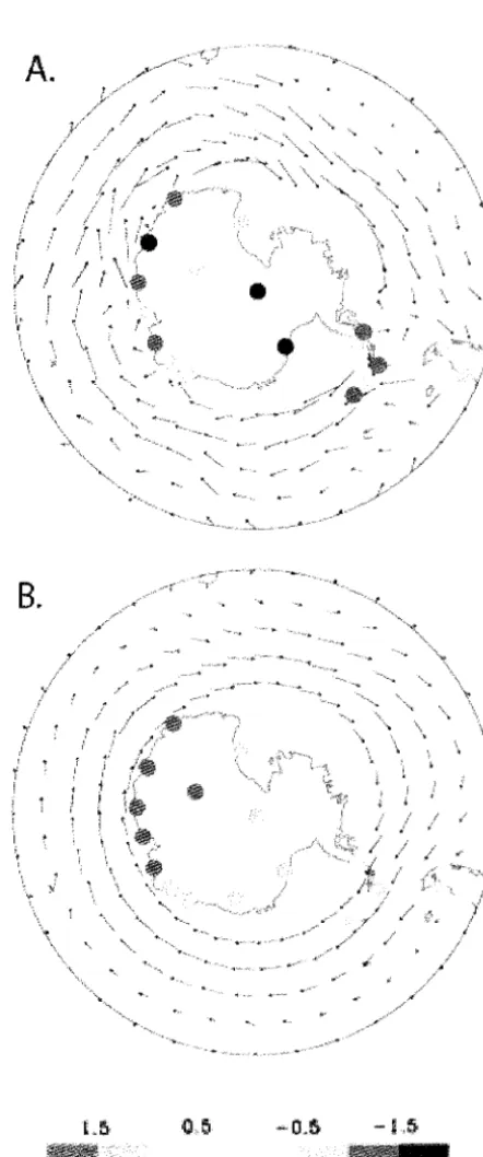 FIG. 9 -(A) Observed December-May trends in surface temperature over the period 1969-2000 and 925 hPa winds over the period 1979-2000; (B) the contribution of SAM to the observed trends in (A)