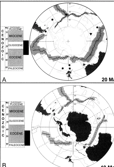 FIG. 4- Antarctic Tectonic Plate boundaries at (A) 20 Ma and (B) 40 Ma. Ihe area that grew at mid-ocean ridge in the is shaded