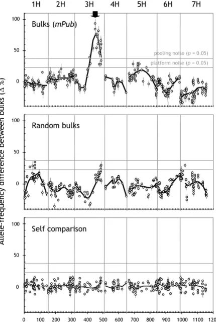 Figure 3mPubsection entitled 'Polymorphic marker identification' in locus in the Steptoe/Morex DH populationDArT-BSA genome scan for the 'pubescent leaves' () DArT-BSA genome scan for the 'pubescent leaves' (mPub) locus in the Steptoe/Morex DH population