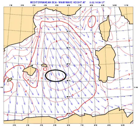 Fig. 1.The wave ﬁelds in the Western Mediterranean Sea at09:00 UT 14 February 2005, as reproduced running the WAM wavemodel with the COAMPS meteorological model winds