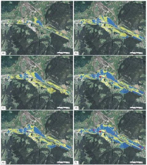 Fig. 11. Changes in ﬂow depths and affected area of the inundation process in the Vipiteno/Sterzing basin
