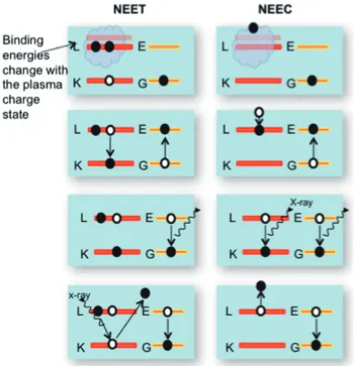 Fig. 1Schematic of the NEET (left) and NEEC (right) pro-cesses. The red levels denote the atomic shells (L andM) and the yellow levels denote the nuclear excited andground states (E and G)