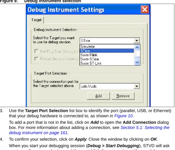 Figure 9. Debug instrument selection