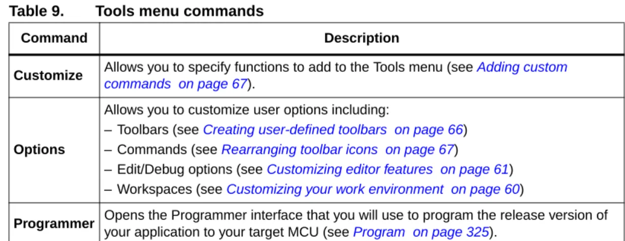 Table 9. Tools menu commands