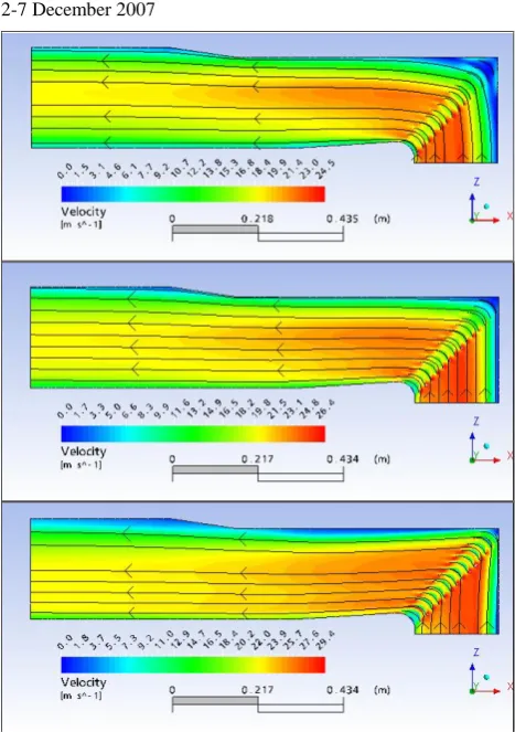 Figure 9: Velocity plots and streamlines for vane angles of 92° (top), 98° (middle) and 104° (bottom)