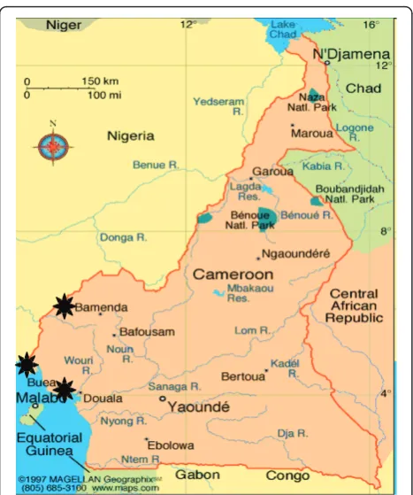 Figure 1 Samples for this study were collected from Bamenda,Buea and Limbe in Cameroon are indicated with an asterisk (*).