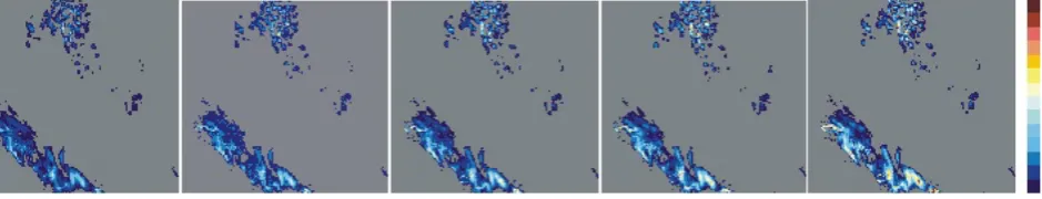 Fig. 12. Ensemble of probabilistic precipitation ﬁelds (5, 25, 50, 75,and 95%) as input to rainfall-runoff model and resulting ensembleof hydrographs and observed hydrograph