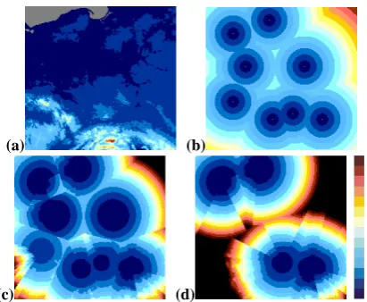 Fig. 5. Topography-dependent maps ofMHtwo cases: when all radars (c) and only half of them (d) are running