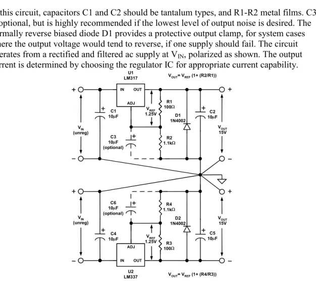Figure 7-49: A classic  ± 15V, 1A linear supply regulator using adjustable voltage  regulator ICs 
