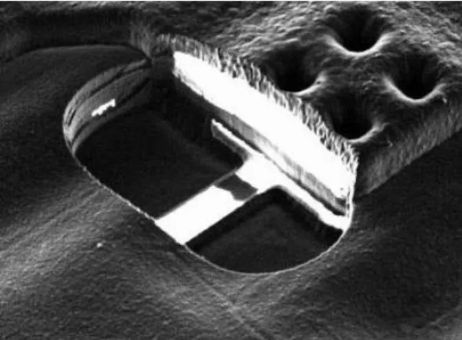 Figure 8: The interrupted white line at the bot- bot-tom of the cavity in this FIB secondary-electron  im-age is a blown polysilicon fuse next to a test pad (MC68HC05SC2x processor).