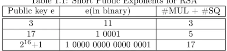 Table 1.1: Short Public Exponents for RSA Public key e e(in binary) #MUL + #SQ