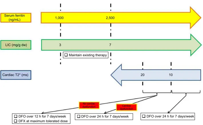 Figure 4 The figure summarizes the Canadian practice guidelines in treating transfusional iron overload in TDT.Abbreviations: TDT, transfusion-dependent thalassemia; LiC, liver iron concentration; dw, dry weight; DFO, deferoxamine; DFX, deferasirox; yr, year; DFP, deferiprone.