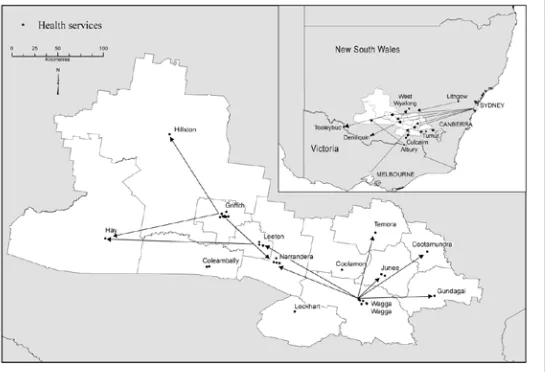 Figure 1: Mental health services available within the 13 Riverina Local Government Areas (Map produced by Spatial Data Analysis Network, Charles Sturt University, 2012)