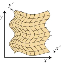 Figure 1: A transition from one coordinate frame {x, y} to an other, curved coordinate frame {x 0 , y 0 } .