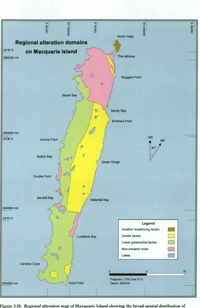 Figure 3.18: Regional alteration map of Macquarie Island showing the broad spatial distribution of hydrothermal mineral facies in the upper crustal rock units, i.e., volcanic rock and sheeted dyke domains (after Griffin, 1982)