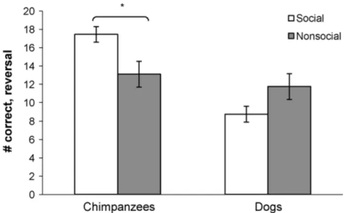 Fig. 2. Performance in the reversal trials for chimpanzees and dogs. The y-axis denotes how many trials out of a total of 20 that subjects in a given group on average chose the correct location in the reversal trials