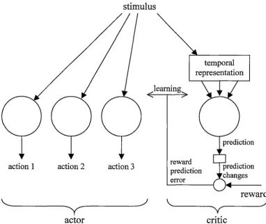 Figure 2.6: Neural implementation of actor-critic temporal difference learning. (adapted from Suri, 2002) 