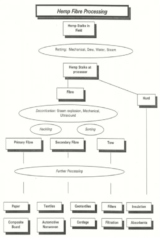 Figure 2.11: Flowchart showing the processing steps involved in obtaining various forms of hemp fibre materials from the plant.