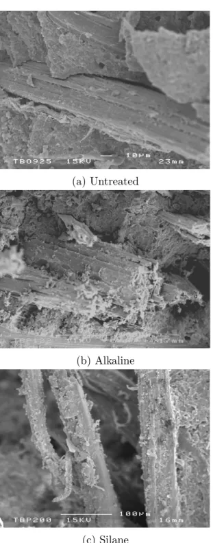 Figure 3.12: SEM micrographs of tensile fracture surface of H-SMC composites with different fibre surface treatments.