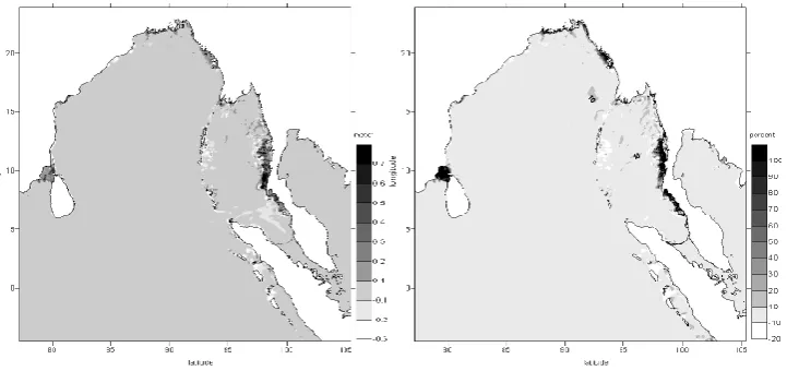 Fig. 8. Model sensitivity to astronomic tides. Surface elevation at: (a) Jason-1 path; (b) Taphaonoi (98.442, 7.801); (c) Aceh (95.309, 5.568);(d) Pulikat (80.333, 13.383).