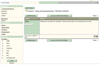 Figure 7.  A screen from a networked community in Eviva showing a  Discussion Forum and community poll