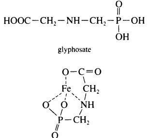 Figure 7.1. Glyphosate structure and its bonding on Fe oxide surface. (Accord-ing to M.B