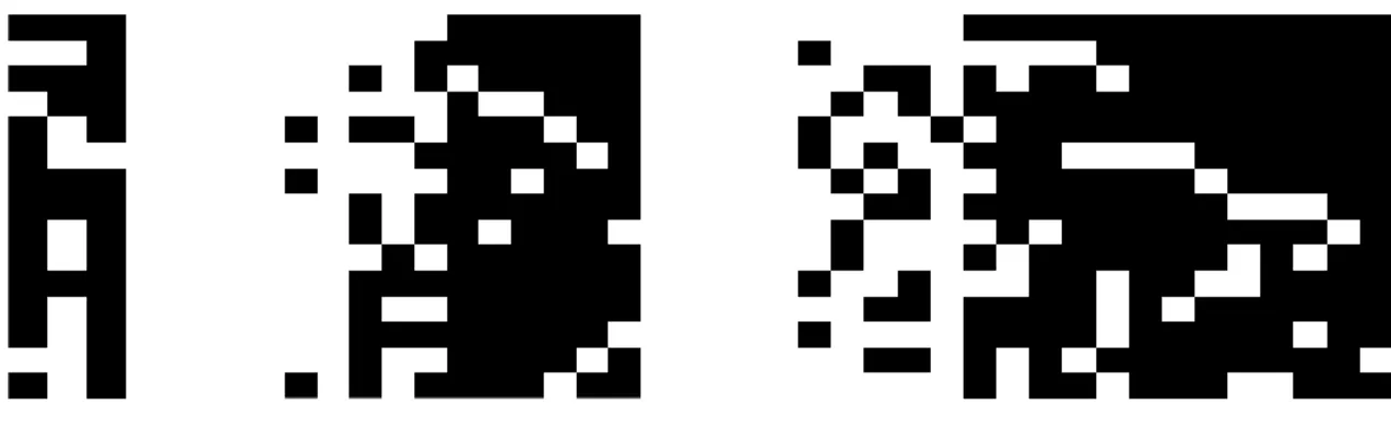 Figure 1: Simulations of the Indian buffet process with different α values. The binary matrices depict samples from the IBP with α = 1 resulting in a total of 3 dishes sampled (Left), with α = 3 resulting in 12 dishes sampled (Middle), and with α = 5 resul