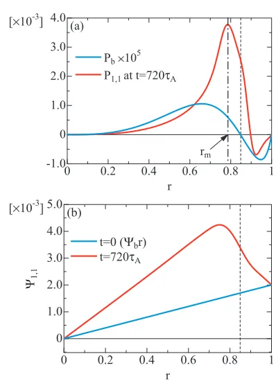 Fig. 5Proﬁles of P1,1 and Ψ1,1 for Ψb = 0 in the saturation phaseof the interchange mode.The dashed and dot-dashedlines indicate the positions of r = rs and r = rm, respec-tively.