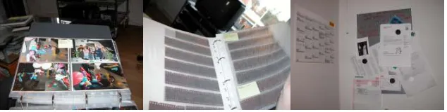 Figure 2: Left and middle: PostIts with dates provides link between composites of physical photos and corresponding negatives Right: Calendar and notice board in kitchen 