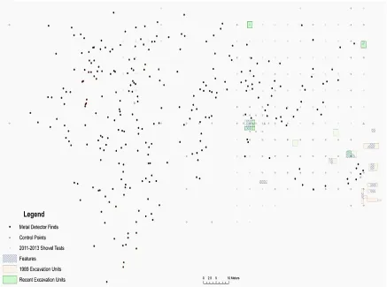 Figure 4.5 Map of metal detection finds shown in relation to excavation units and 