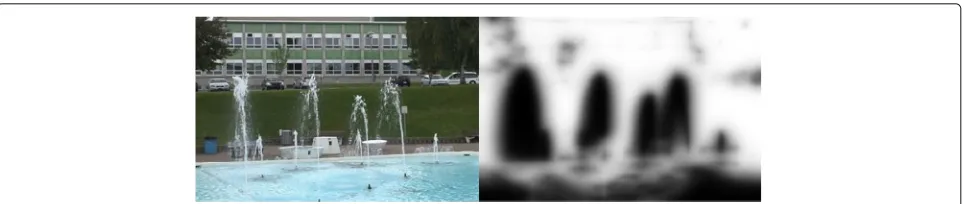 Fig. 2 A frame from the dynamic background/ fountain01 video from CDnet and the spatial distribution of #min for the same frame