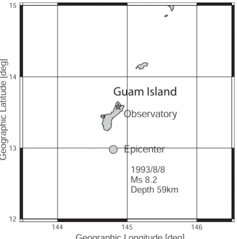 Fig. 1. Relative location of our ULF observing station and the epi-center of the Guam earthquake, together with the earthquake char-acteristics.