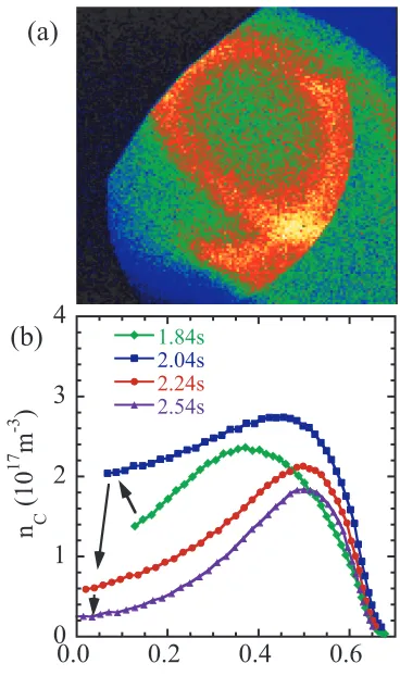 Fig. 4(a) Soft-X-ray image measured with a tangential X-rayCCD camera after the formation of the impurity hole and(b) radial proﬁles of carbon density at the L-mode phase(t = 1.84 s), just before the transition from the L-mode tothe ITB phase (t = 2.04 s) 