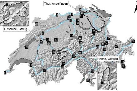 Fig. 1. Location of the 42 investigated Swiss FOEN discharge gauges and shape of the three basins considered for distributed hydrologicalsimulations
