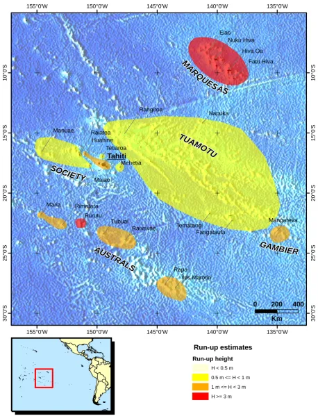 Fig. 8. Estimated tsunami hazard in French Polynesia. The hazard scale has four levels: low (white), moderate (yellow), elevated (orange),and high exposure (red).