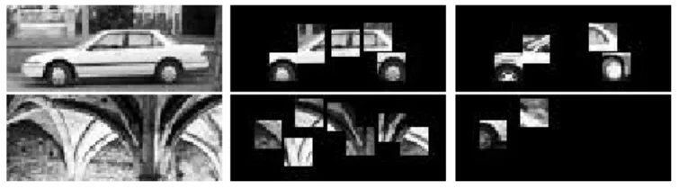 Fig. 4. Examples of the part detection process applied to a positive image (top row) and a negative image (bottom row) during training.