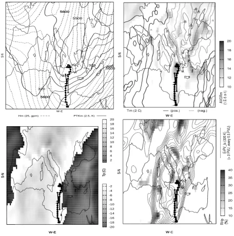 Fig. 3. Synoptic map for “950116” case from ECMWF analysis. Top left panel: averaged geopotential height at 500 hPa (dashed line, every25 gmp) and averaged potential temperature at 300 hPa (solid line, every 2.5◦K)