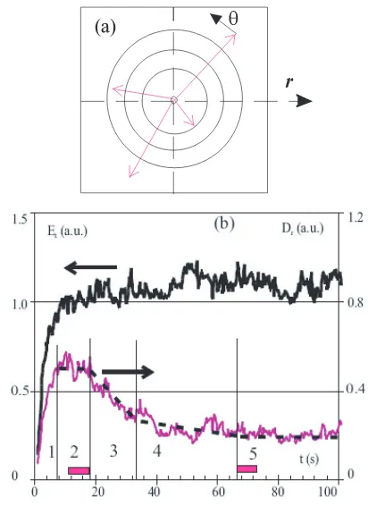 Fig. 4(a) Polar coordinates with origin in the center of the con-densate vortex. (b) Time evolution of the total kinetic en-ergy (top) and of the radial diﬀusion coeﬃcient (bottom)during spectral condensation of turbulence.