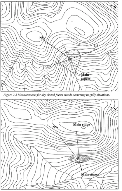 Figure 2.2 Measurements for dry closed-forest stands occurring in gully situations. 