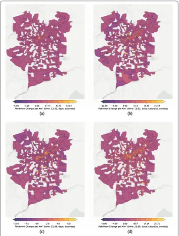 Figure 6 Choropleth maps of the difference between the means of connected devices per zone,before and after the launch of Pokémon Go